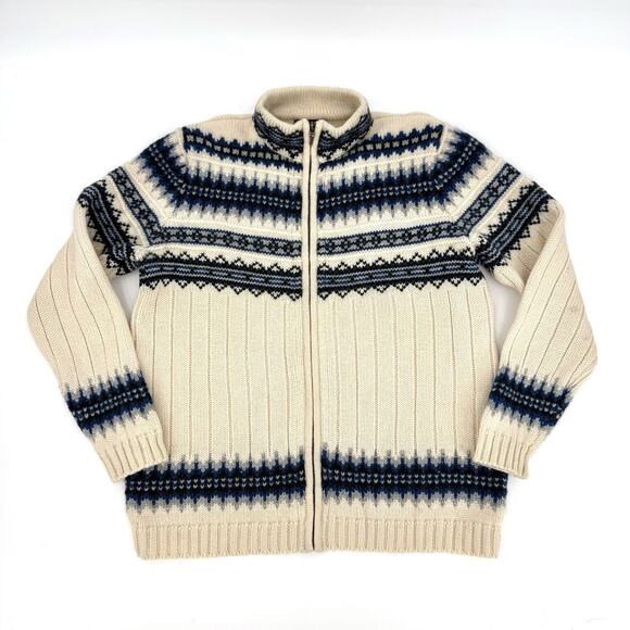 Lands' End Sweaters - Vintage Lands End Wool Sweater Women's Medium Blue Fair Isle Nordic Zip Cardigan